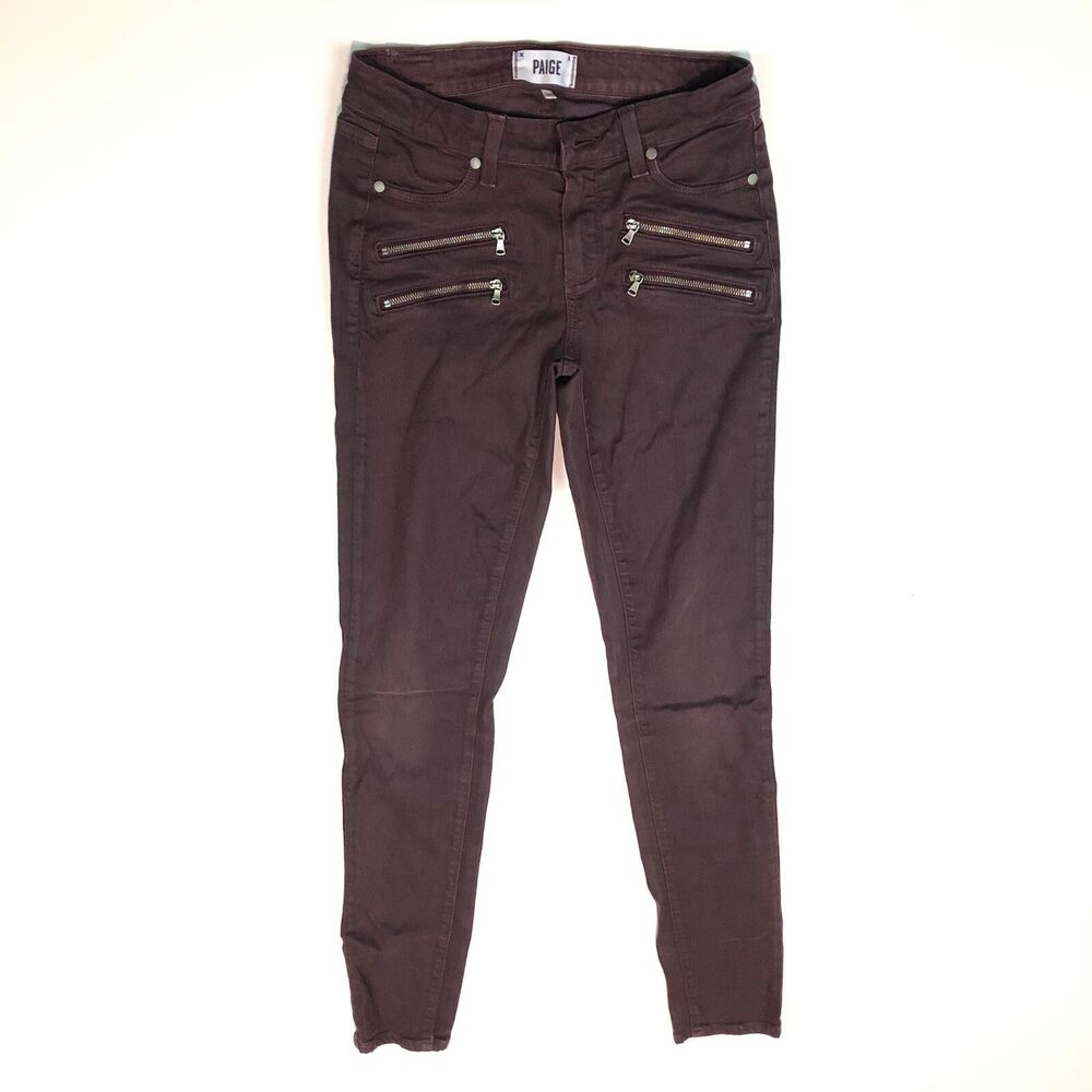 PAIGE Denim Edgemont Ultra Skinny Jeans Moto Zip Maroon Edgy Cool Pants 27
